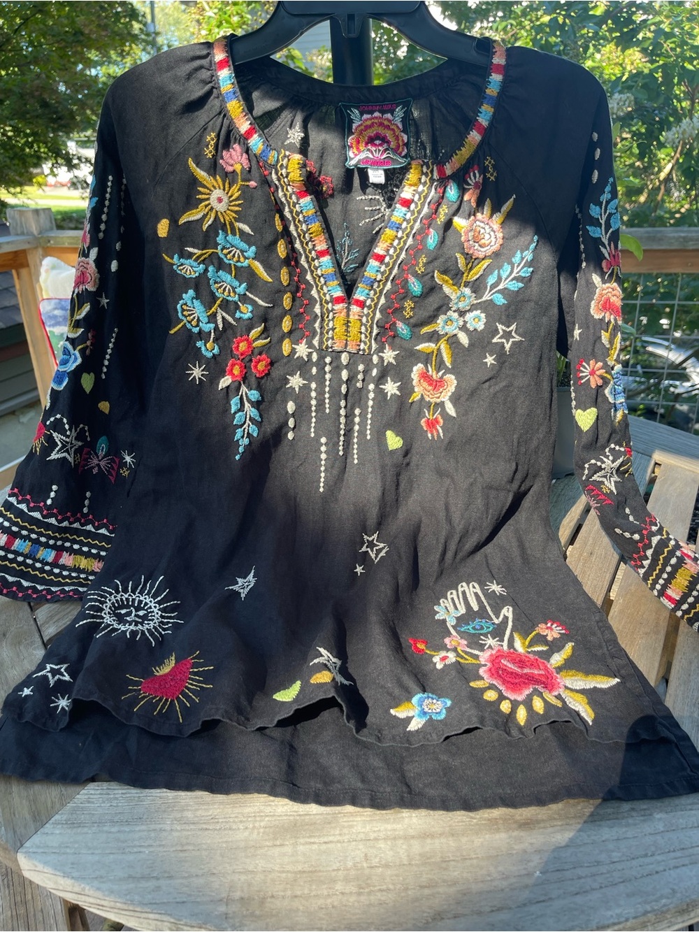 Johnny Was Black Embroidered Boho Tunic with Multicolor Floral Accents